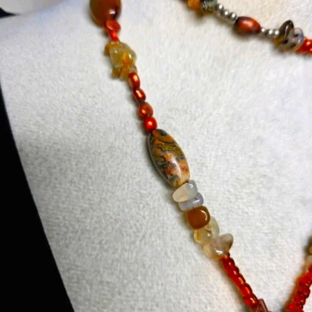 Triska Signed Artisan Beaded Necklace Bold Crimson Glass Focal & Earthy Gemstone - Picture 4 of 7
